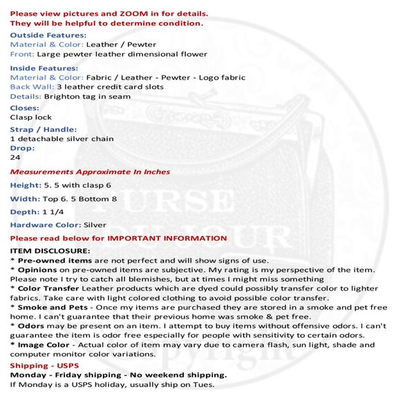 Brighton Pewter Leather Clutch Crossbody Purse Large Dimensional Flower on Front - Picture 4 of 17